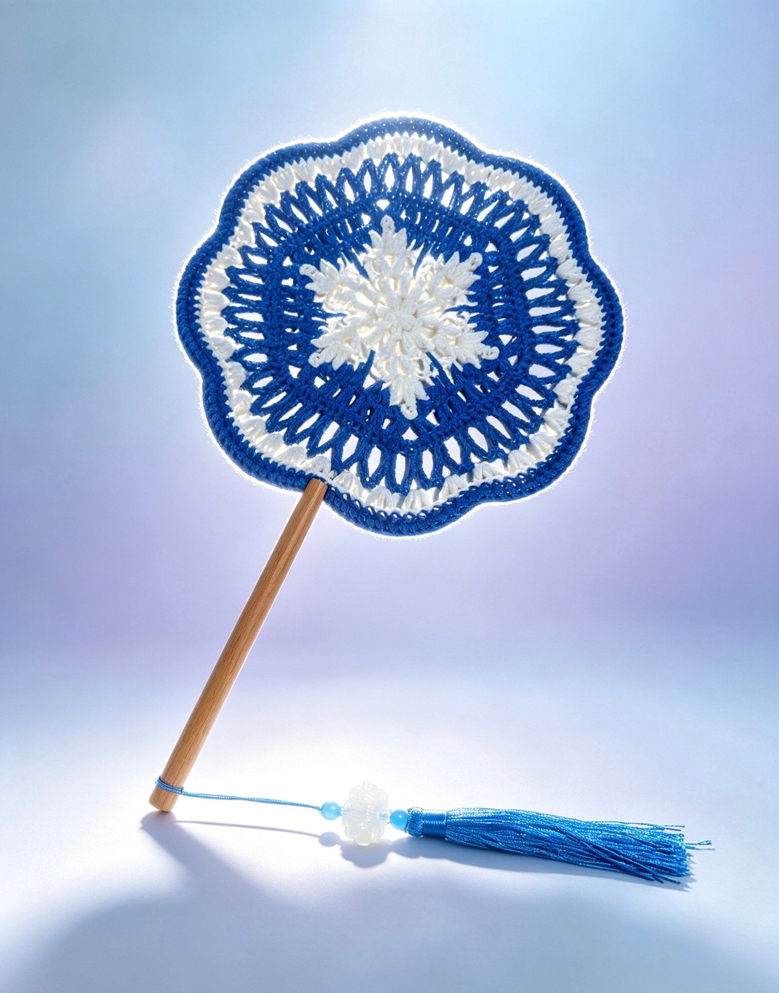 2866e9a331eb7c1bf38cb43ff4f8891e Handmade Crochet Hand Fan—Azure Frost Bloom - Image 1